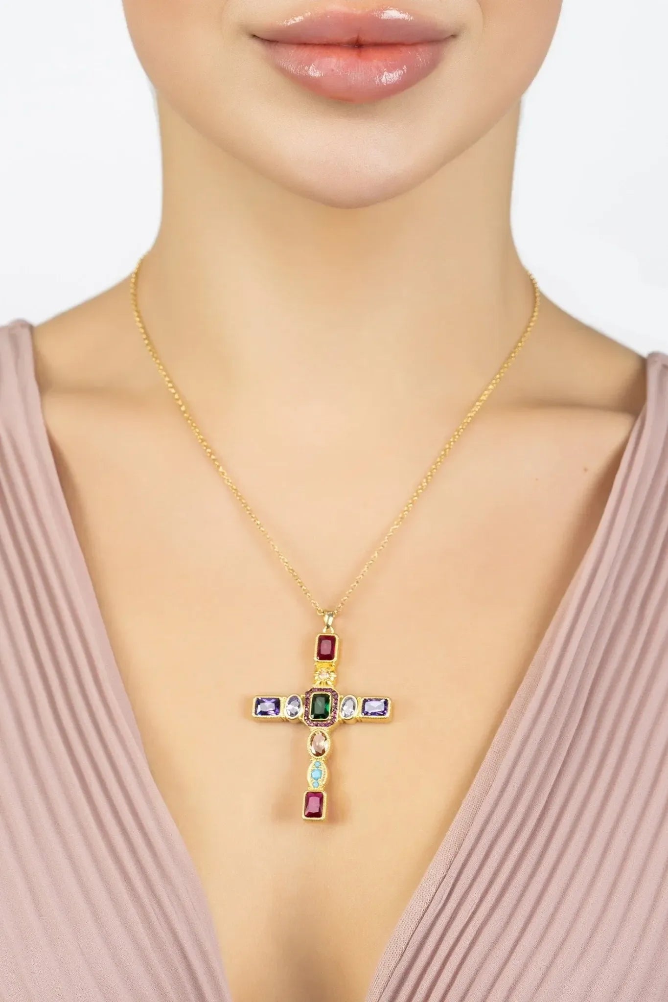 Santa Maria Extra Large Gemstone Cross Pendant Gold - LATELITA Necklaces
