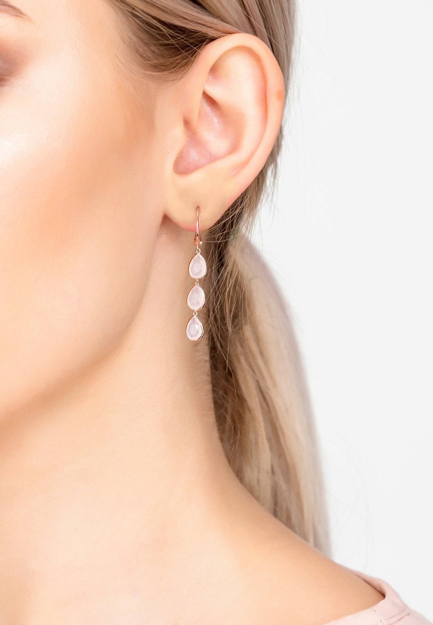 Sorrento Triple Drop Earrings Rosegold Rose Quartz - LATELITA Earrings