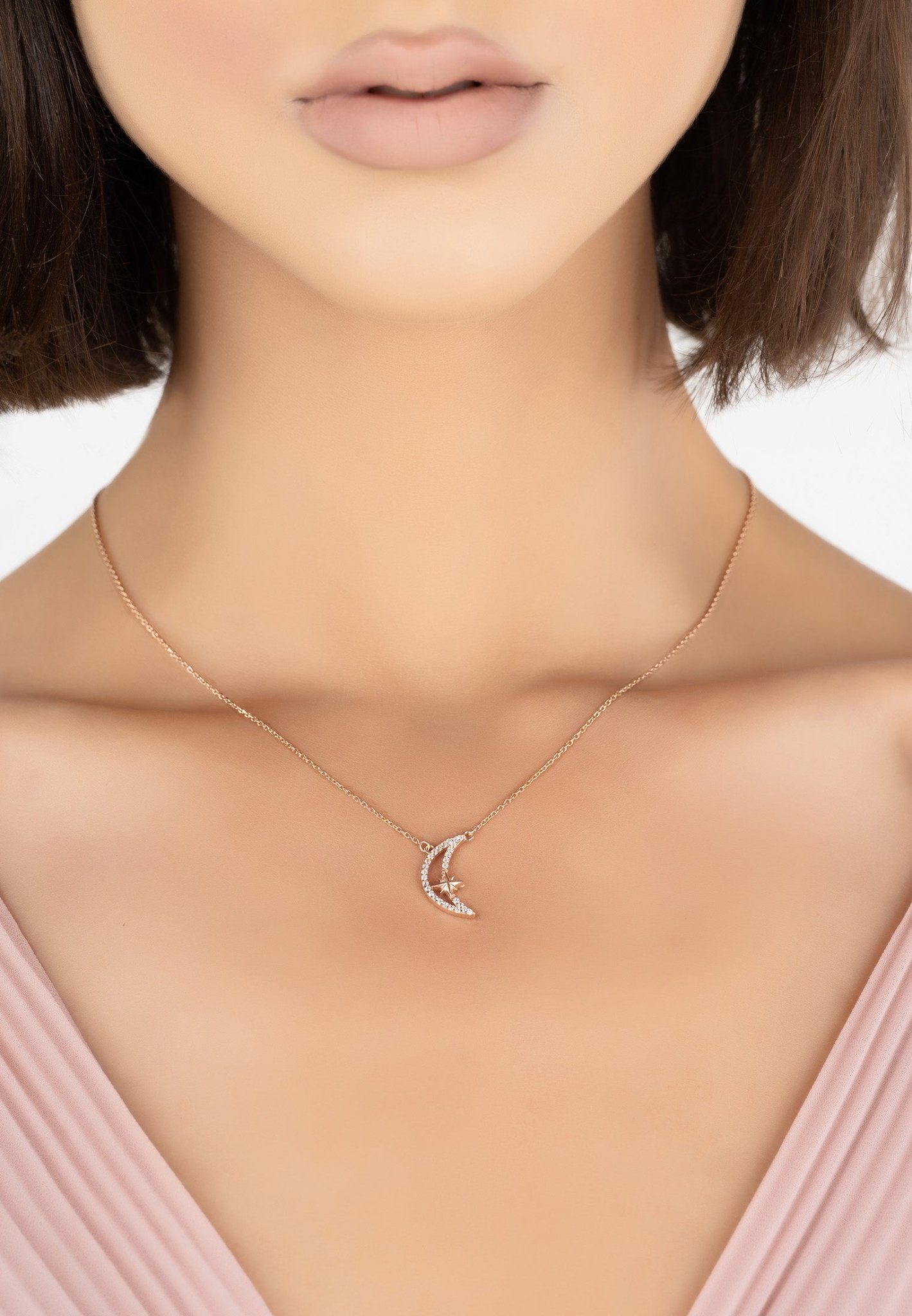Sparkling Crescent Moon And Star Necklace Rosegold - LATELITA Necklaces