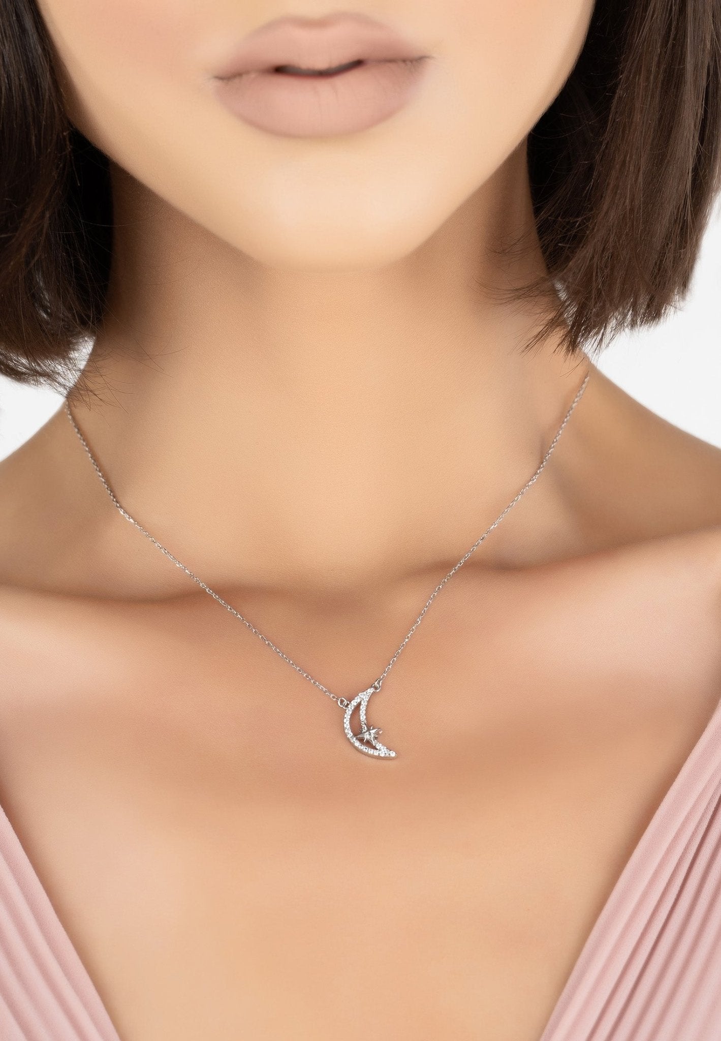 Sparkling Crescent Moon And Star Necklace Silver - LATELITA Necklaces