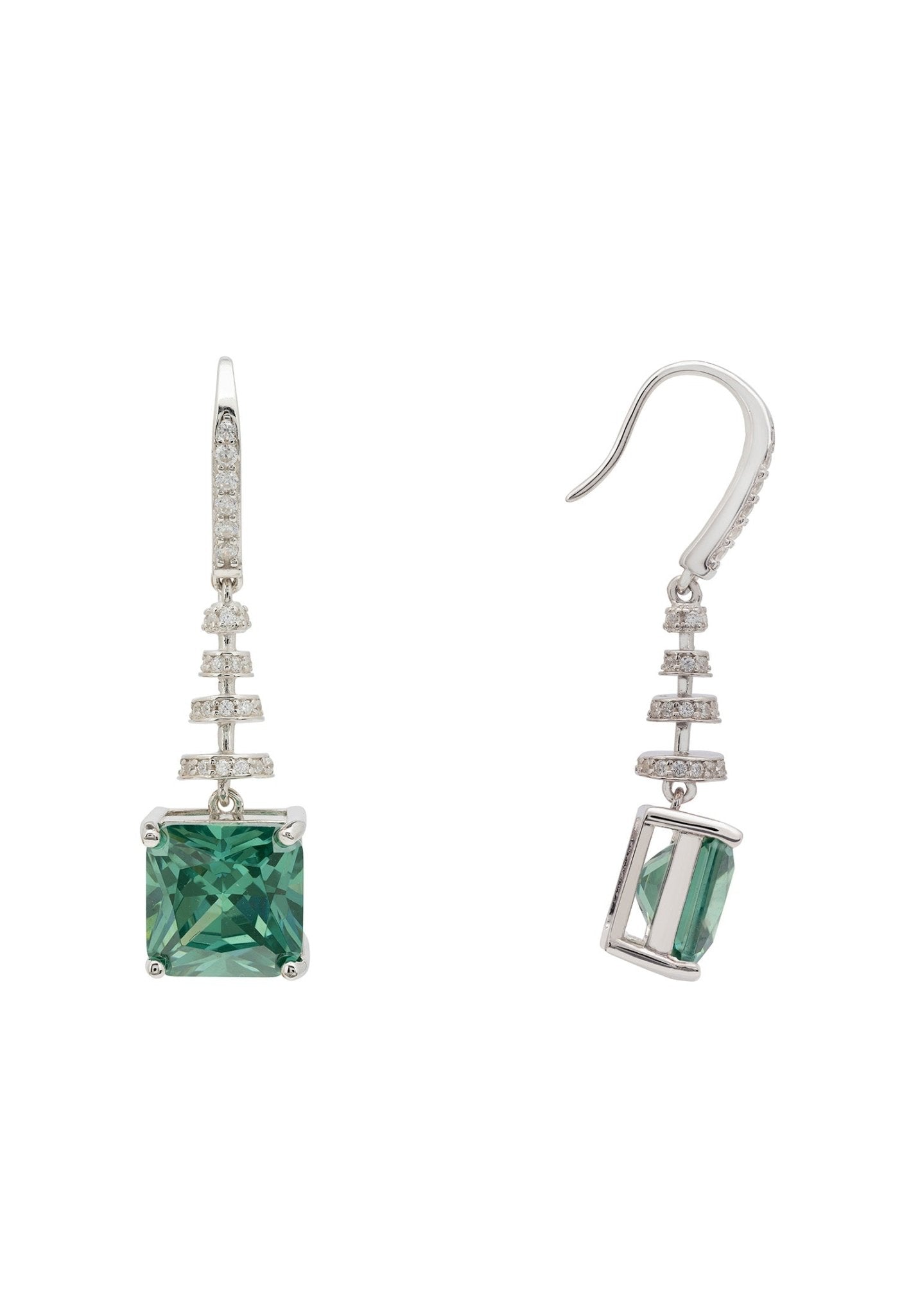 Spiral Square Crystal Drop Earrings Emerald Green Silver - LATELITA Earrings
