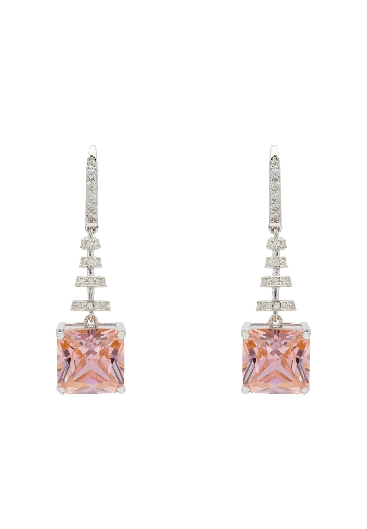 Spiral Square Crystal Drop Earrings Morganite Pink Silver - LATELITA Earrings