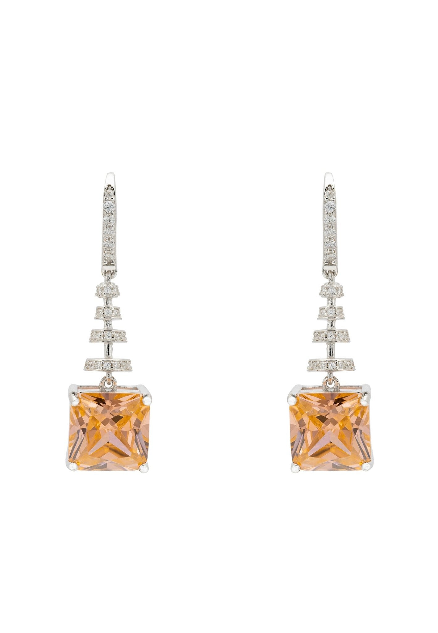 Spiral Square Crystal Drop Earrings Peach Silver - LATELITA Earrings