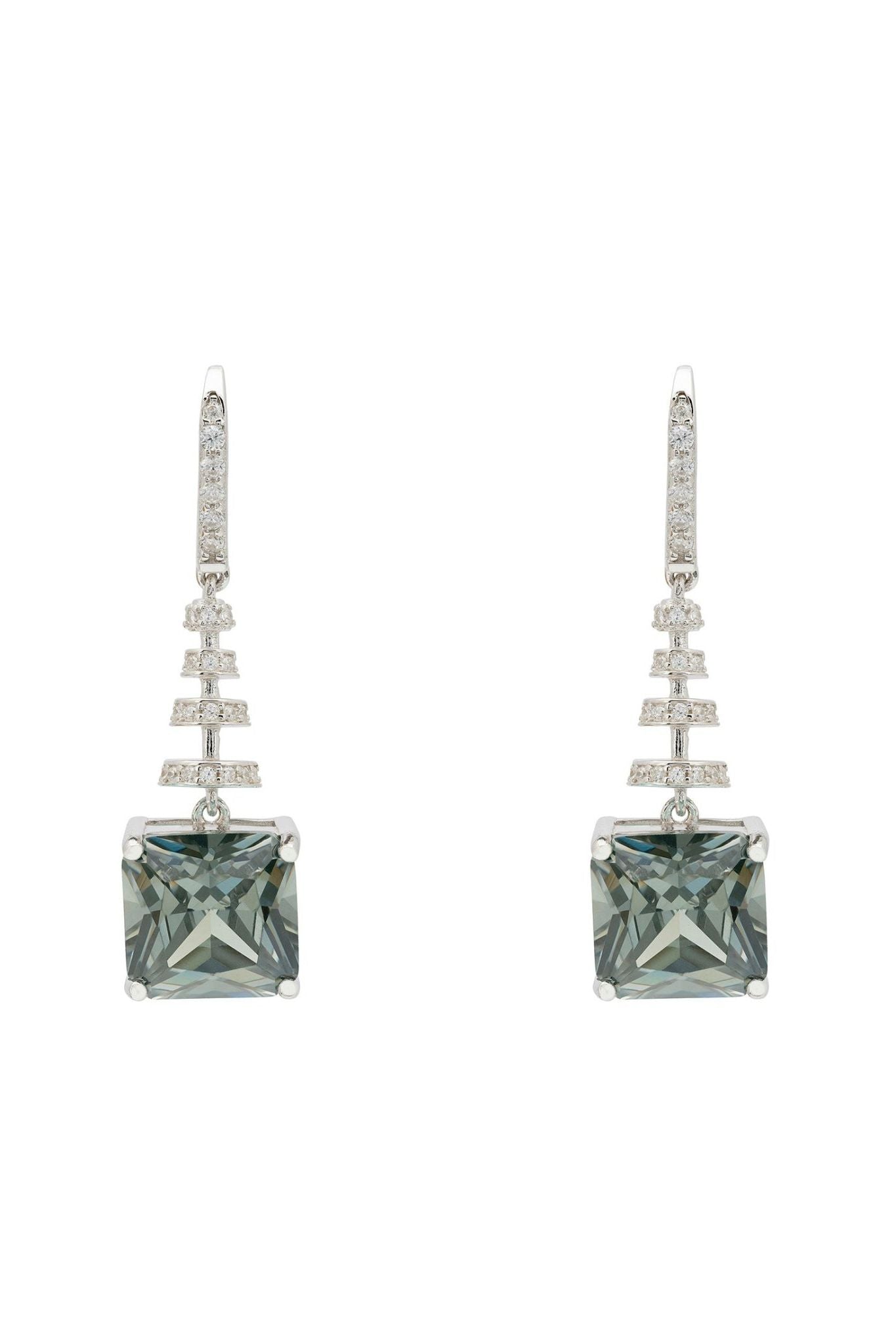 Spiral Square Crystal Drop Earrings Peridot Green Silver - LATELITA Earrings