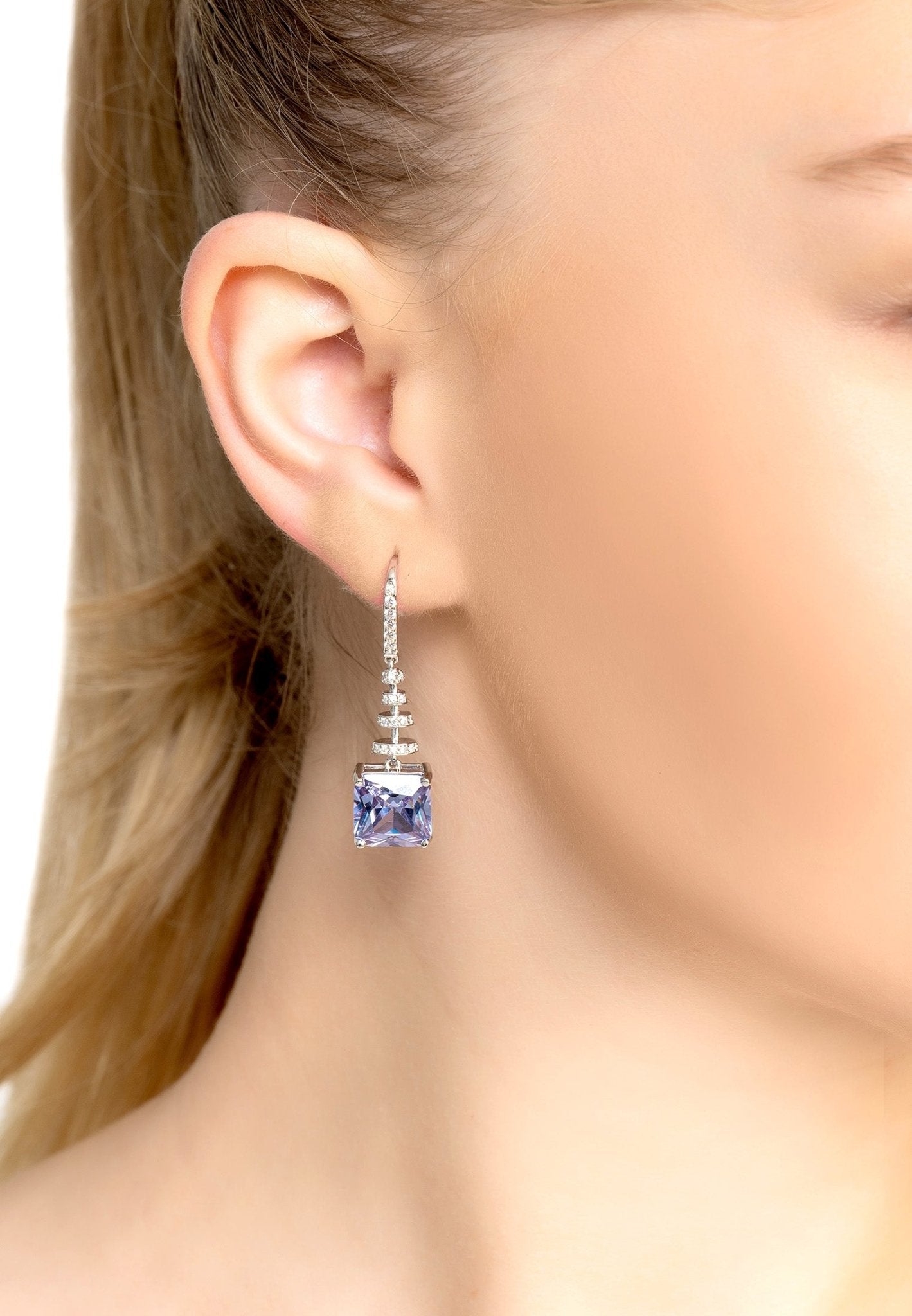 Spiral Square Crystal Drop Earrings Tanzanite Blue Silver - LATELITA Earrings