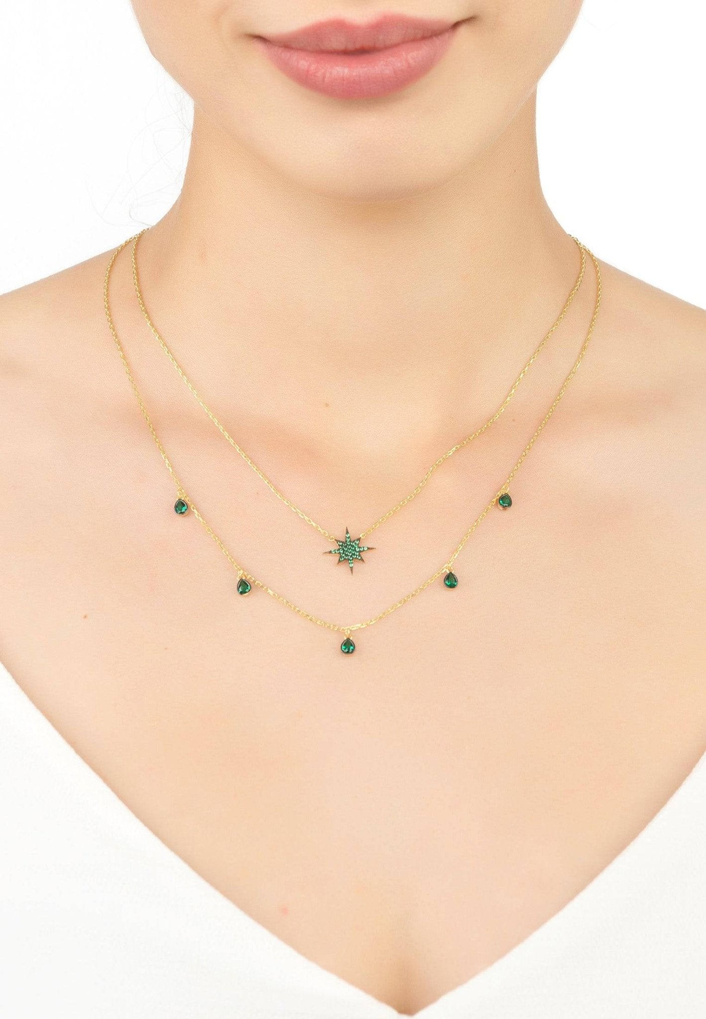 Starburst Double Strand Layered Necklace Gold Green - LATELITA Necklaces