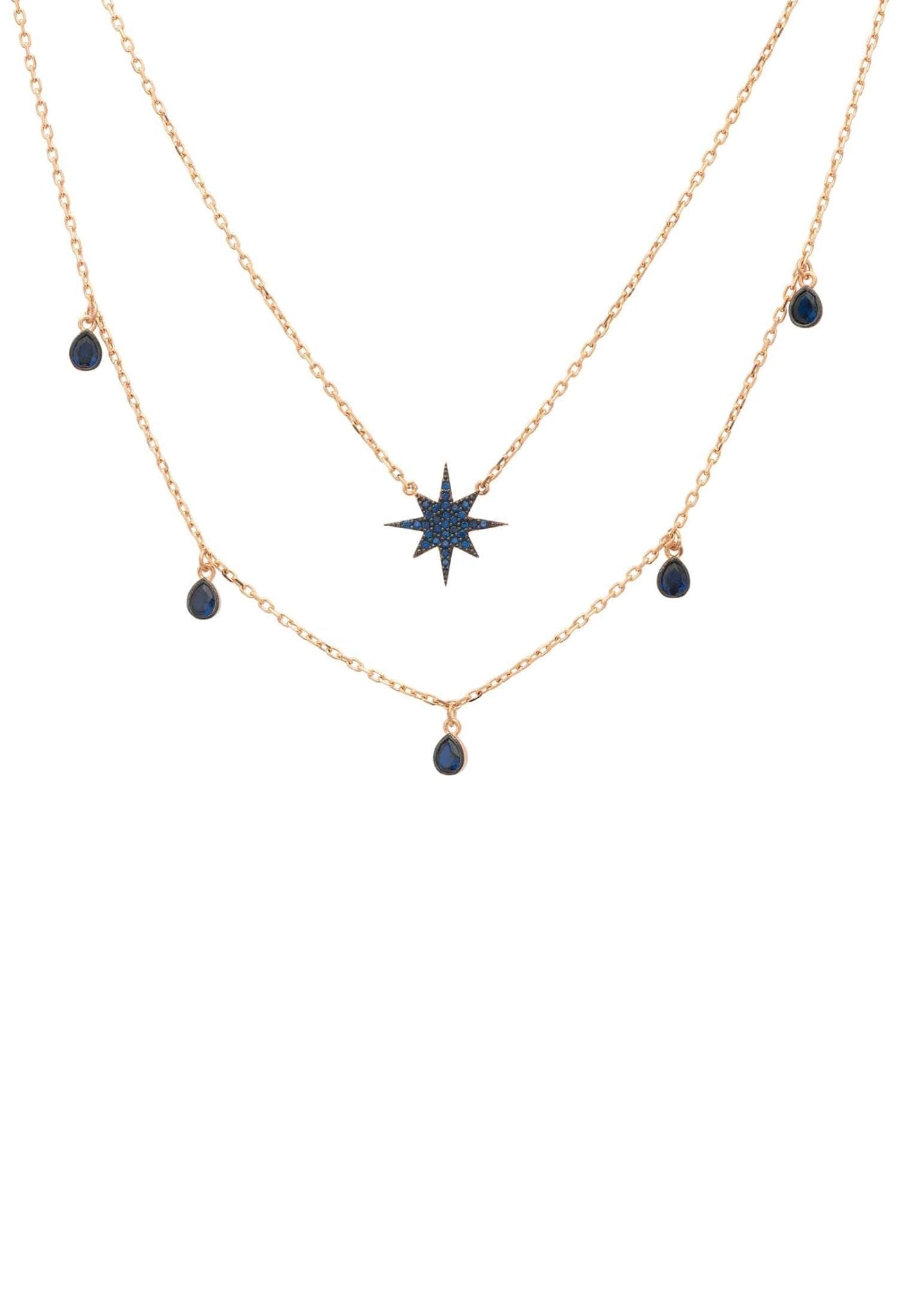 Starburst Double Strand Layered Necklace Rosegold Sapphire Blue - LATELITA Necklaces