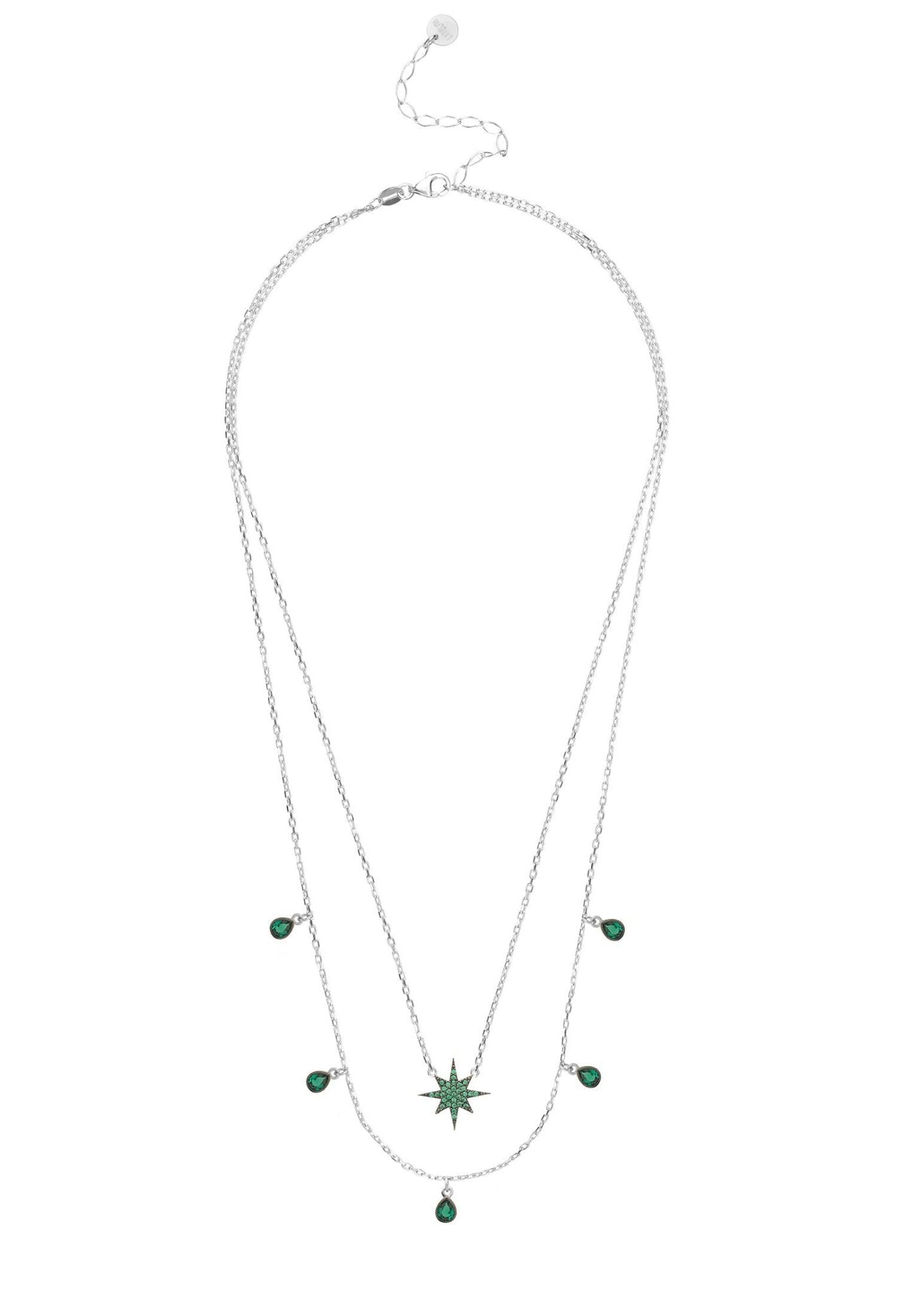 Starburst Double Strand Layered Necklace Silver Emerald Green - LATELITA Necklaces