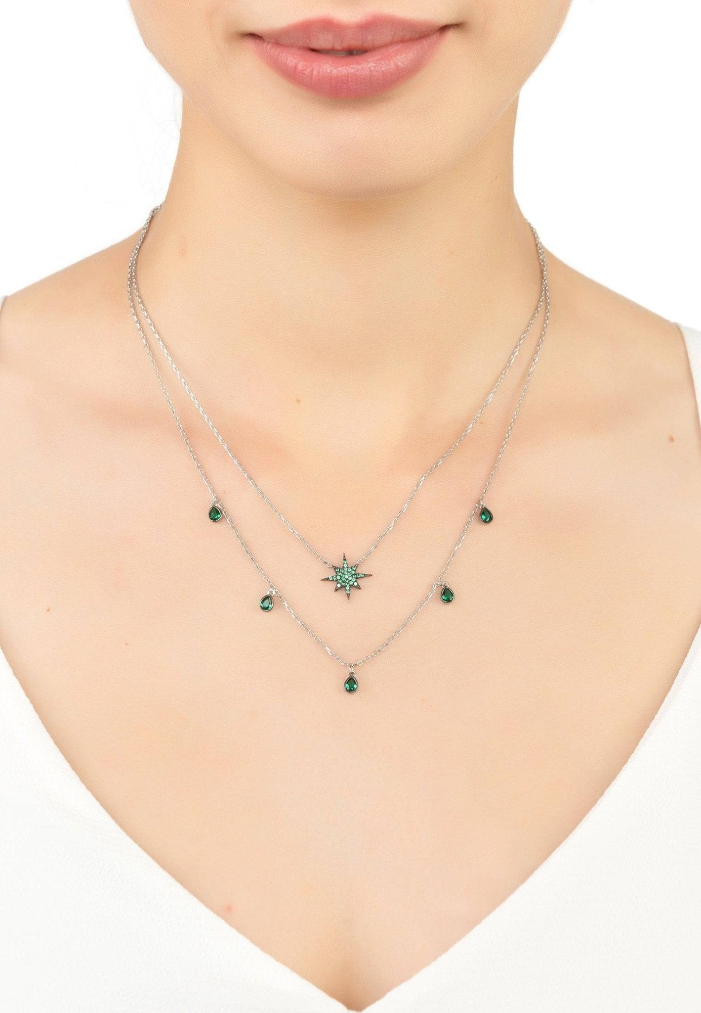 Starburst Double Strand Layered Necklace Silver Emerald Green - LATELITA Necklaces