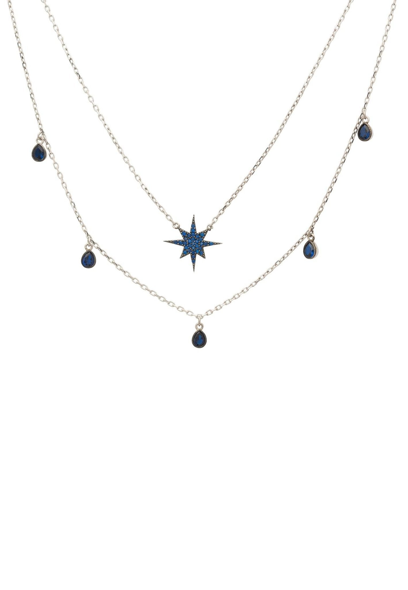 Starburst Double Strand Layered Necklace Silver Sapphire - LATELITA Necklaces