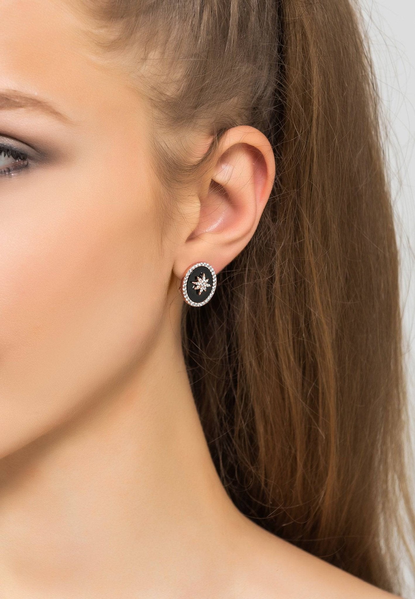 Starburst Oval Stud Earring Black Onyx Rosegold - LATELITA Earrings