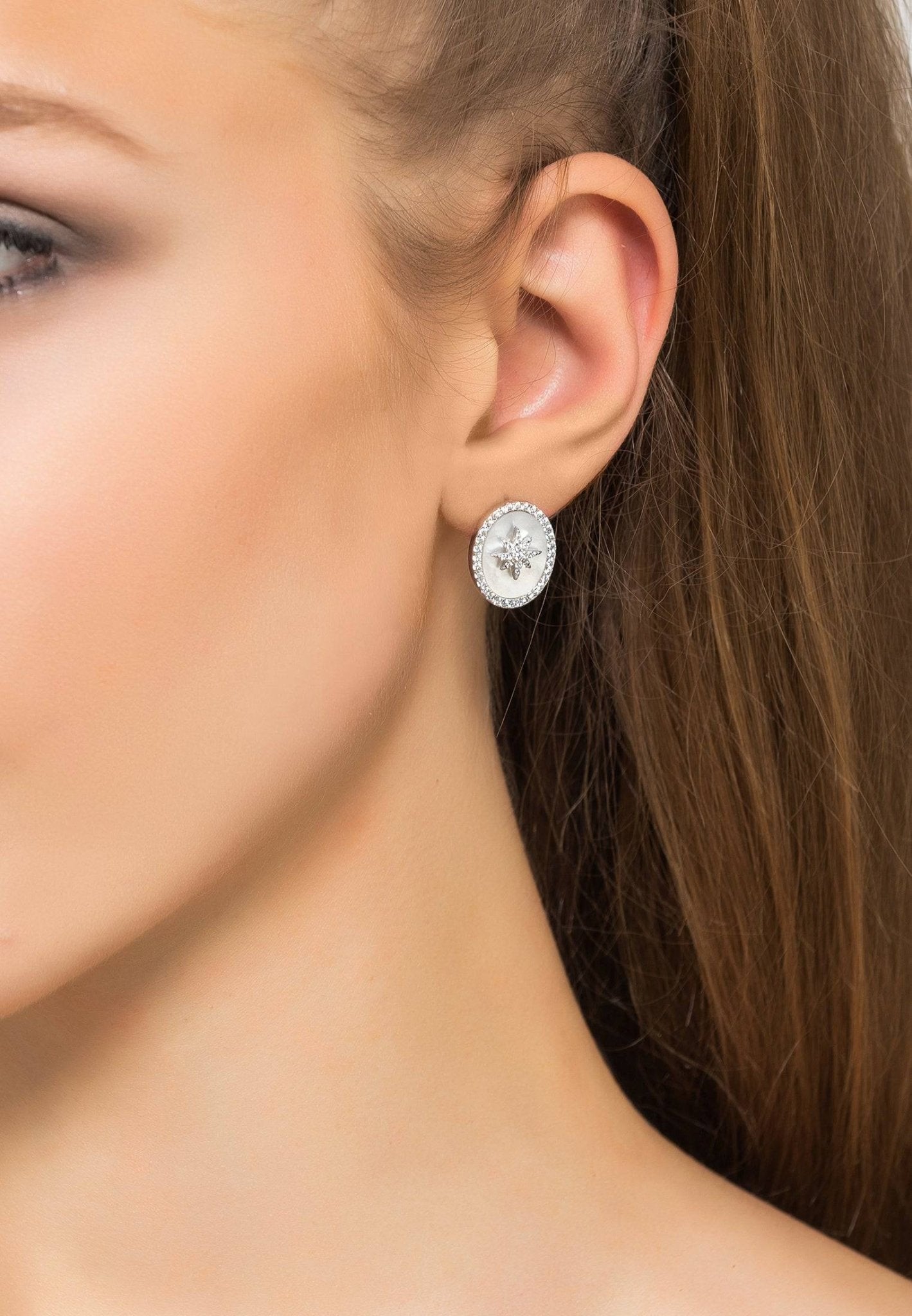 Starburst Oval Stud Earring White Mother Of Pearl Silver - LATELITA Earrings