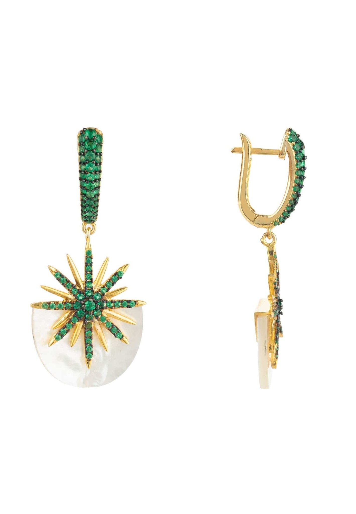 Sunburst White Mother Of Pearl Earrings Emerald Green Gold - LATELITA Earrings