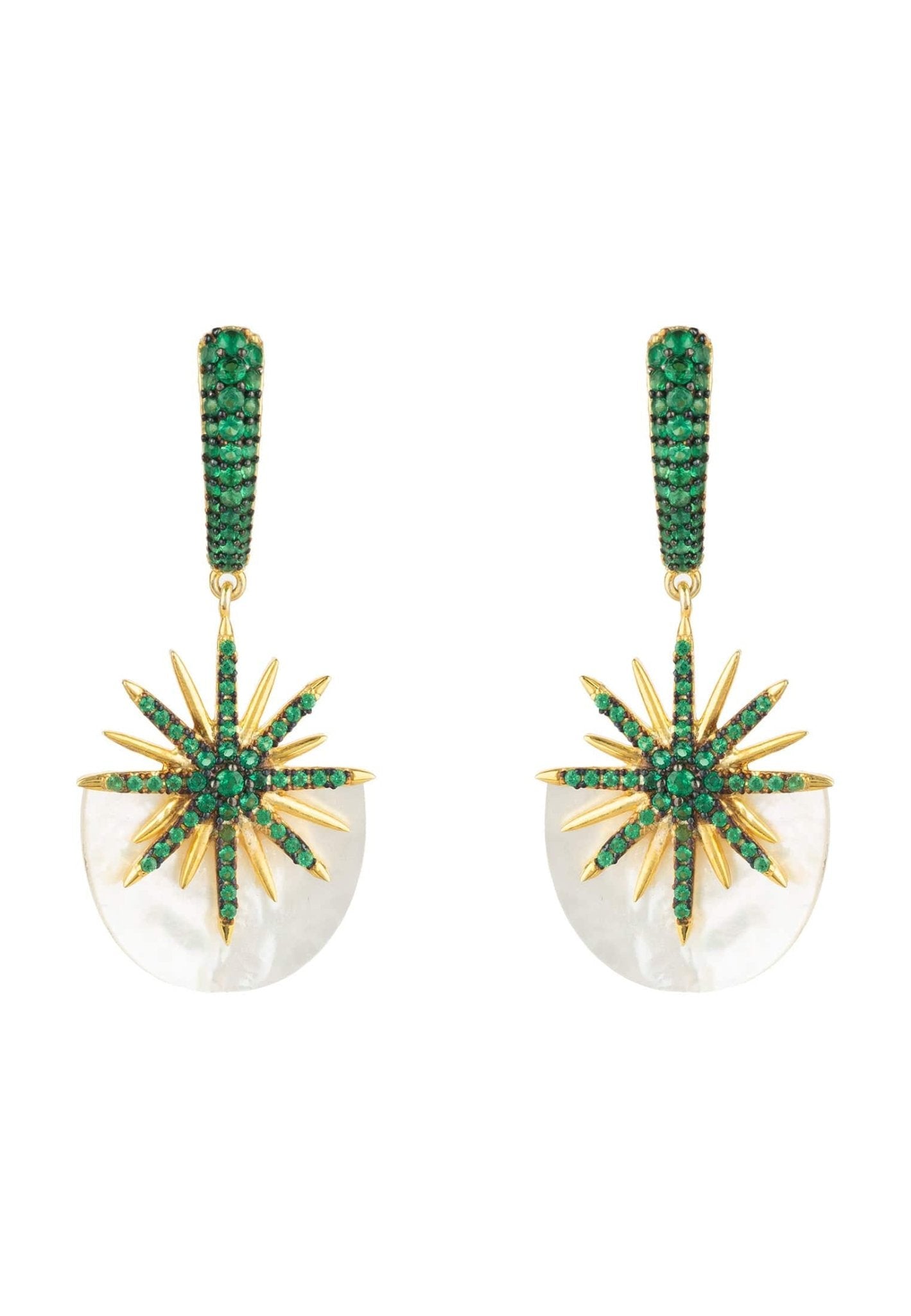 Sunburst White Mother Of Pearl Earrings Emerald Green Gold - LATELITA Earrings