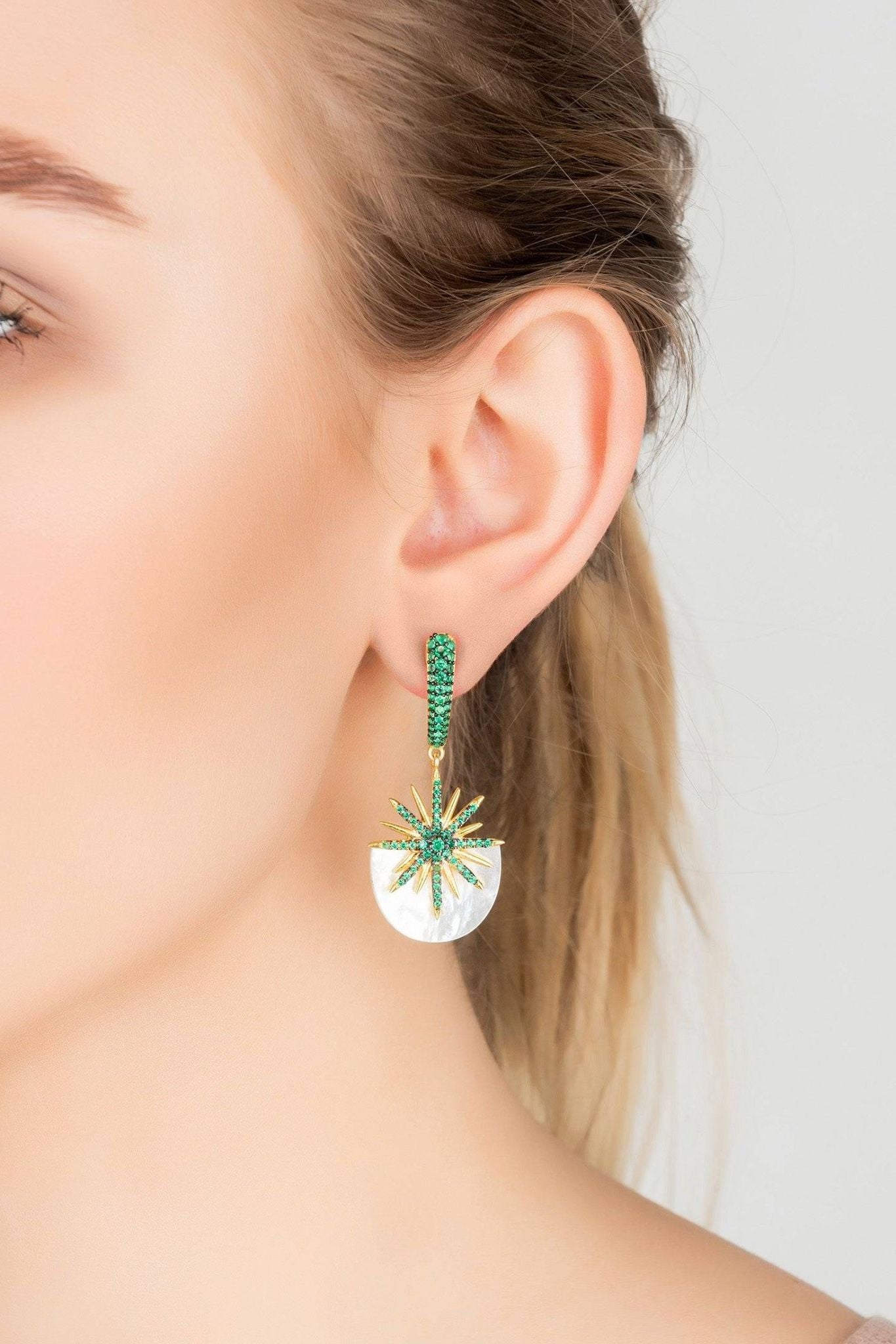 Sunburst White Mother Of Pearl Earrings Emerald Green Gold - LATELITA Earrings
