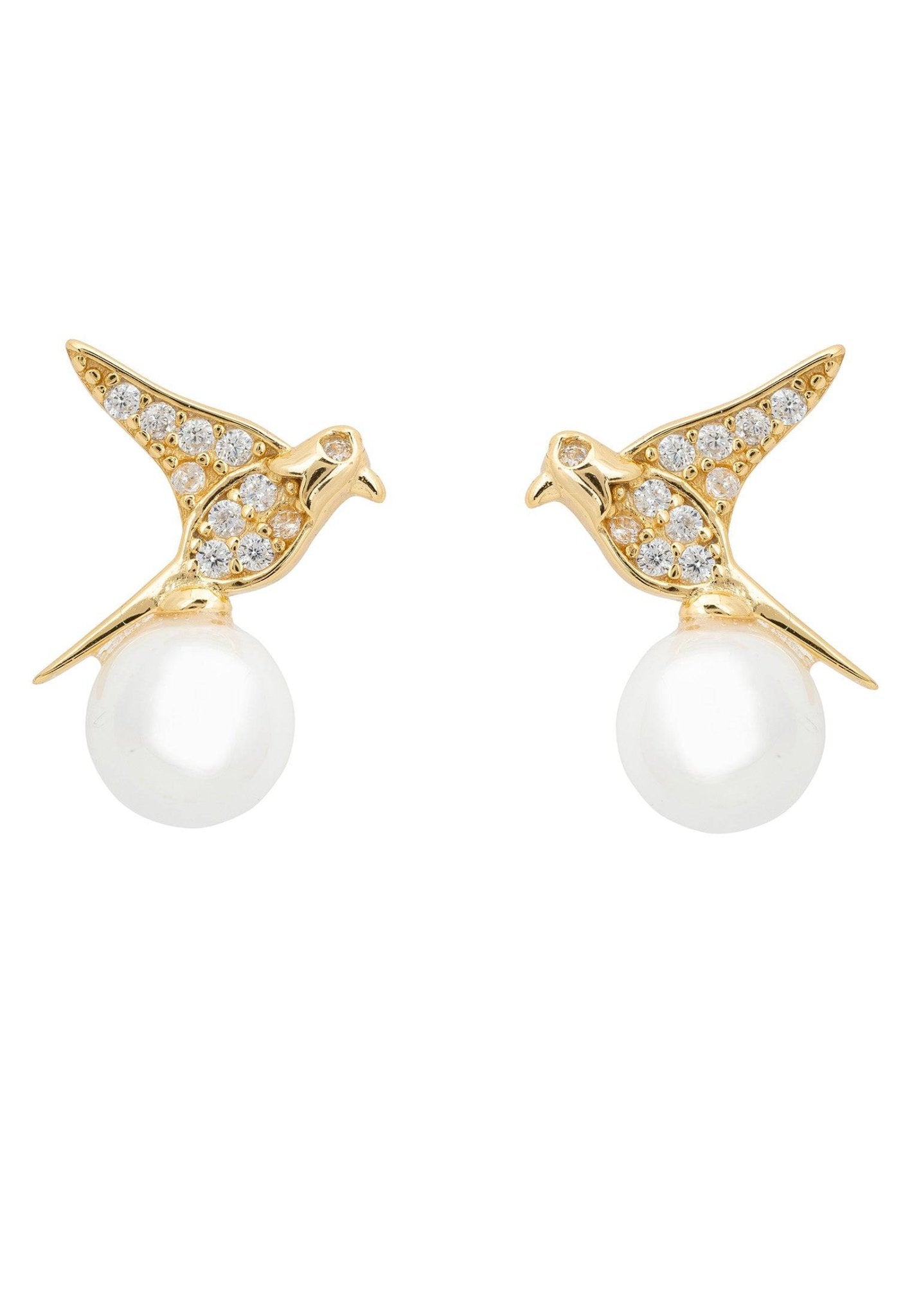 Swallows And Pearl Stud Earring Gold - LATELITA Earrings