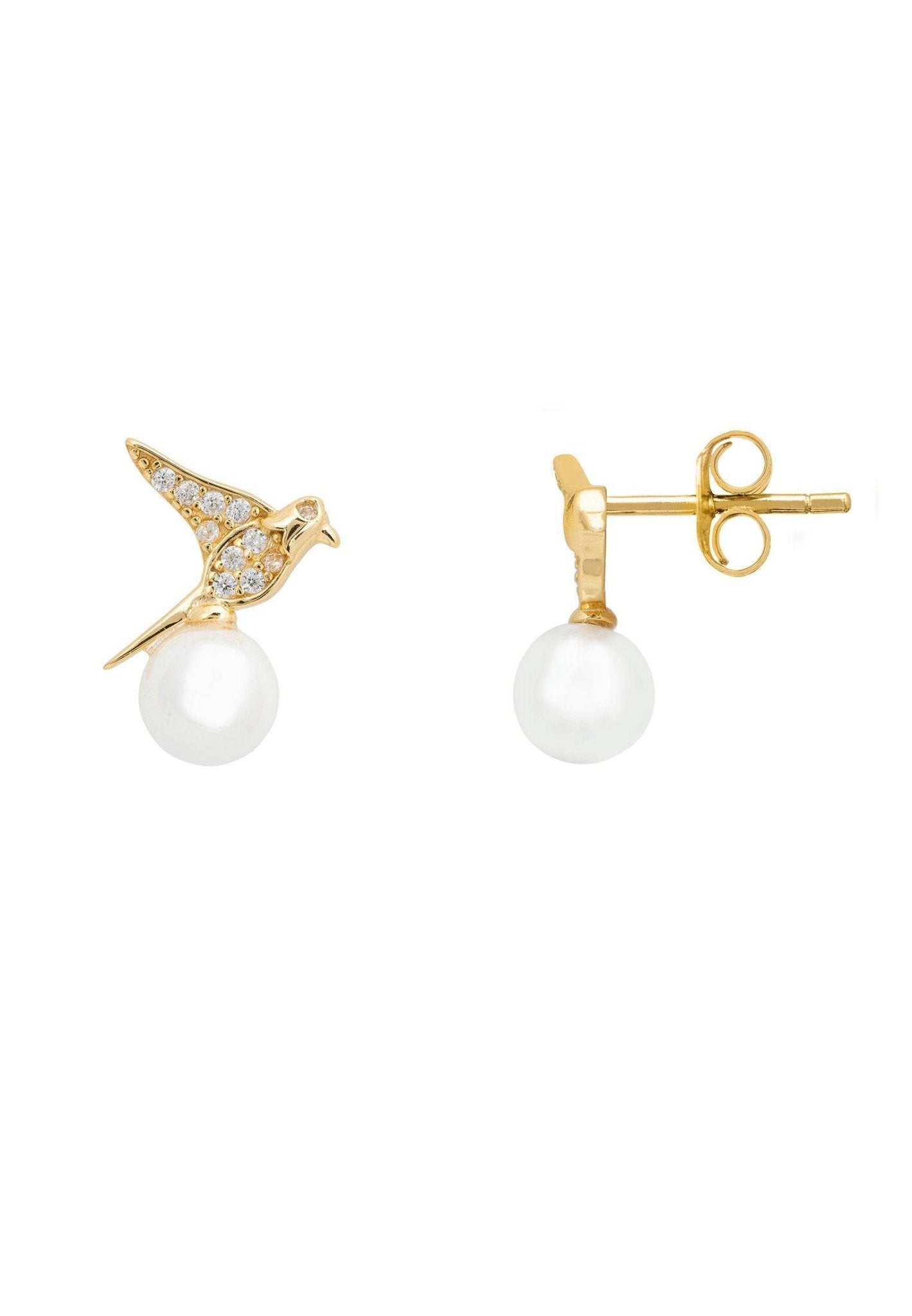 Swallows And Pearl Stud Earring Gold - LATELITA Earrings