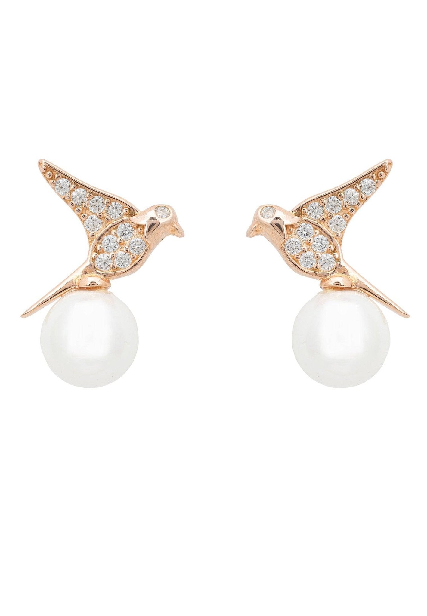 Swallows And Pearl Stud Earring Rosegold - LATELITA Earrings