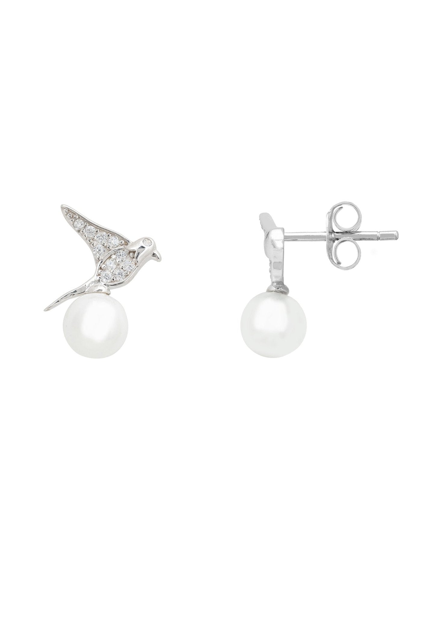 Swallows And Pearl Stud Earring Silver - LATELITA Earrings