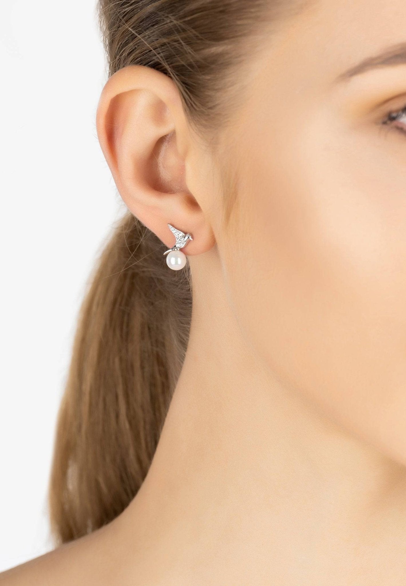 Swallows And Pearl Stud Earring Silver - LATELITA Earrings