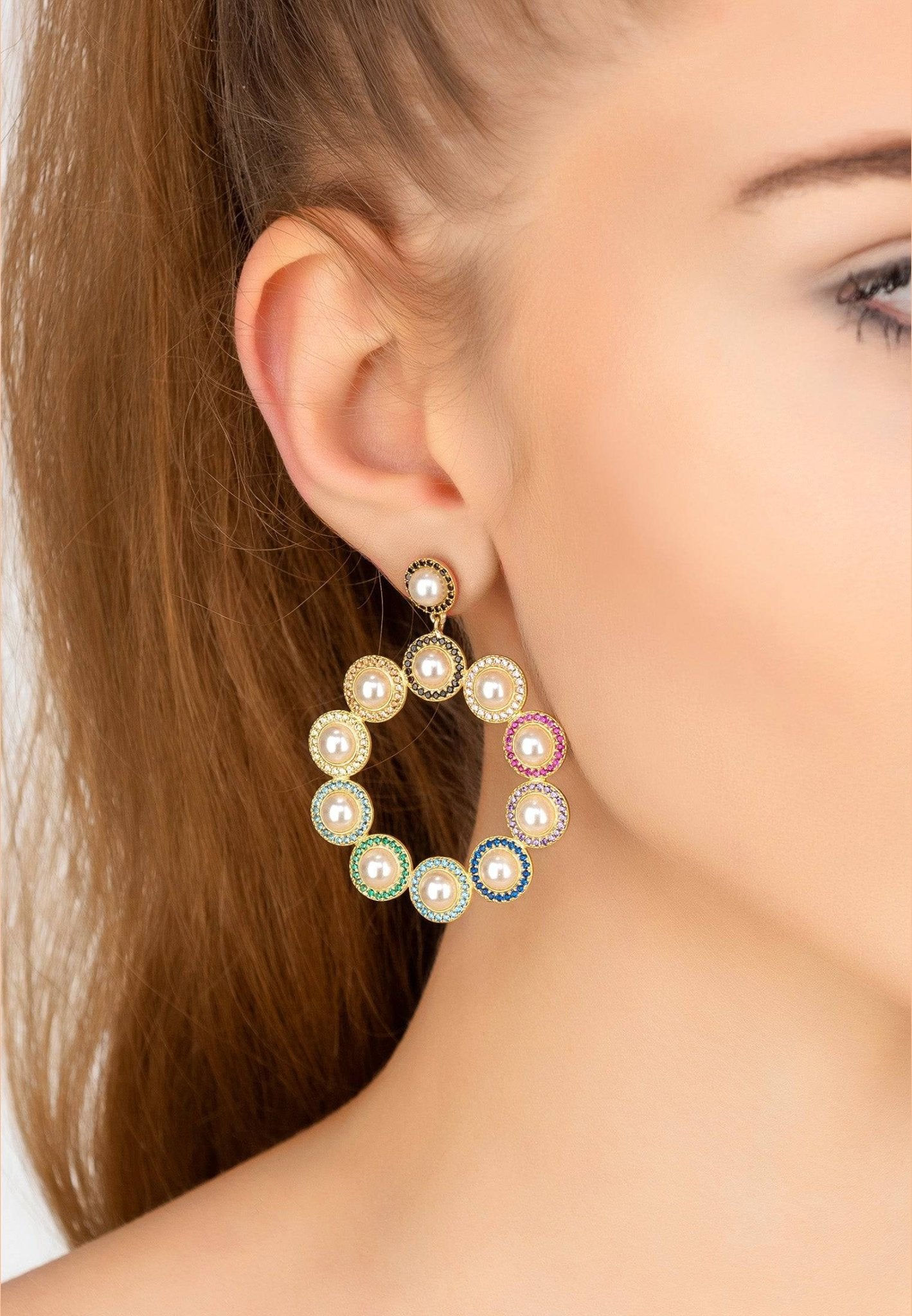 The Gatsby Pearl Earrings Rainbow Cz Gold - LATELITA Earrings
