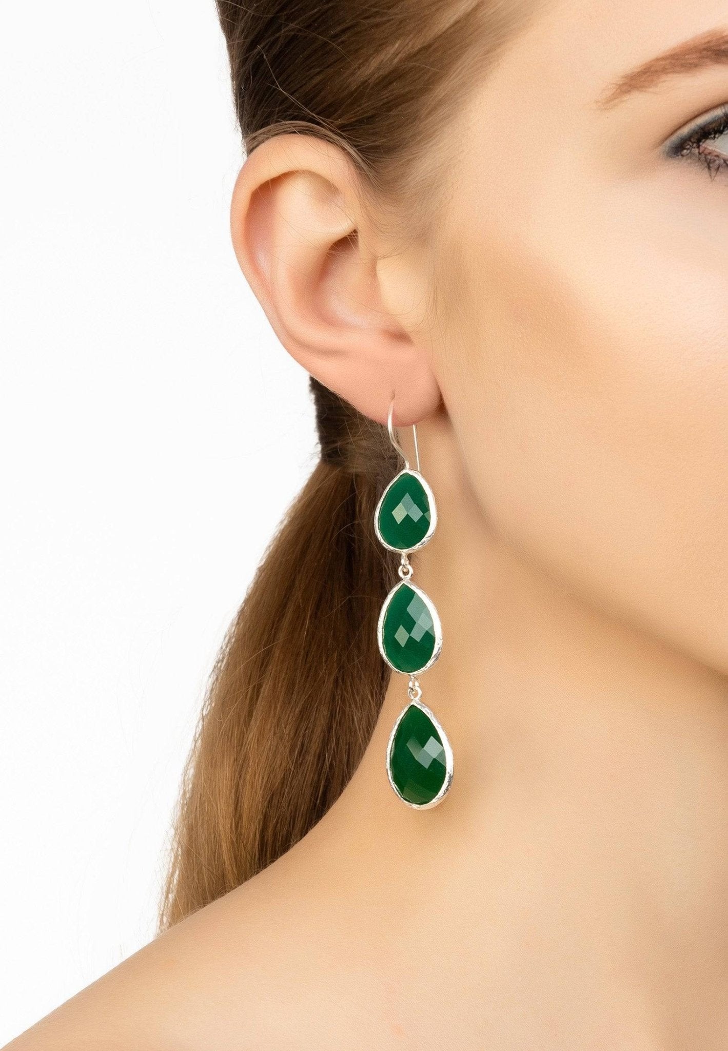Triple Drop Earring Silver Green Onyx - LATELITA Earrings