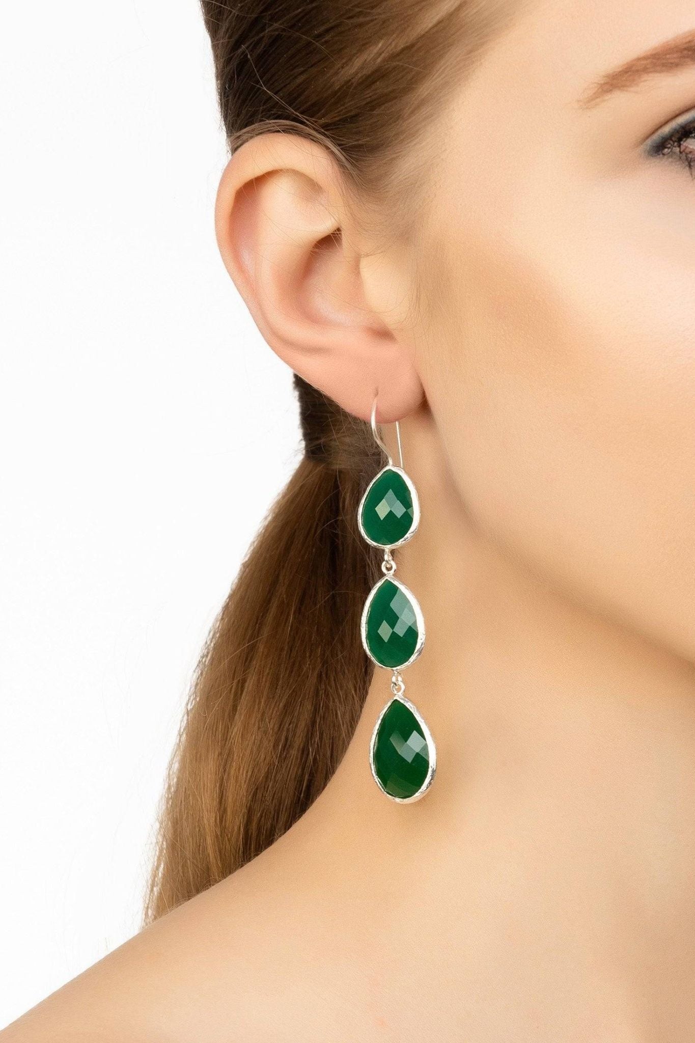 Triple Drop Earring Silver Green Onyx - LATELITA Earrings