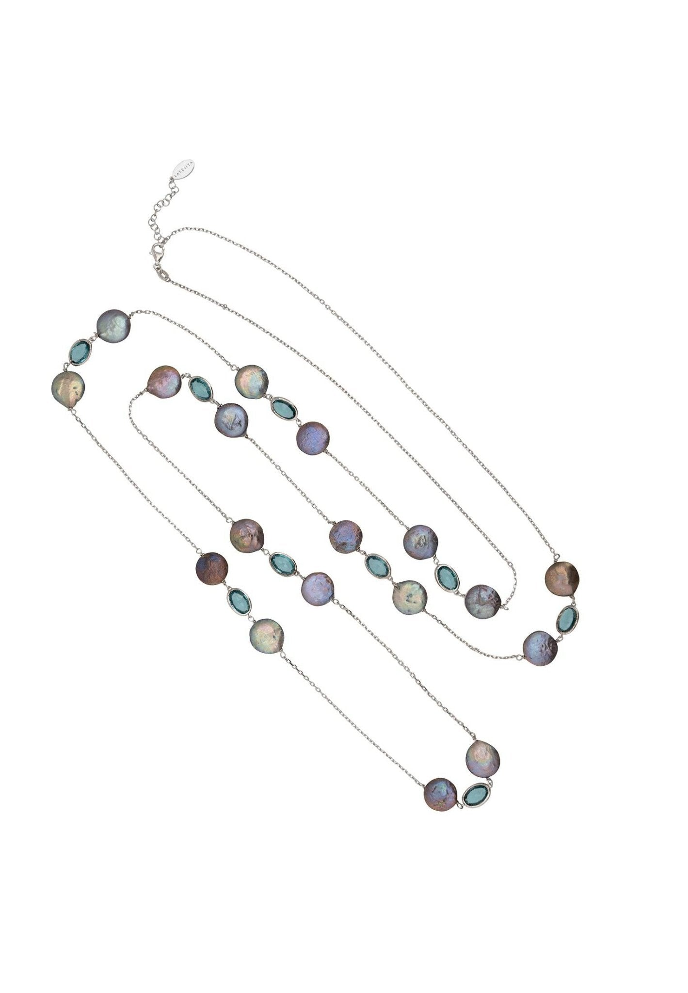 Turin 120Cm Long Pearl And Blue Topaz Necklace Silver - LATELITA Necklaces