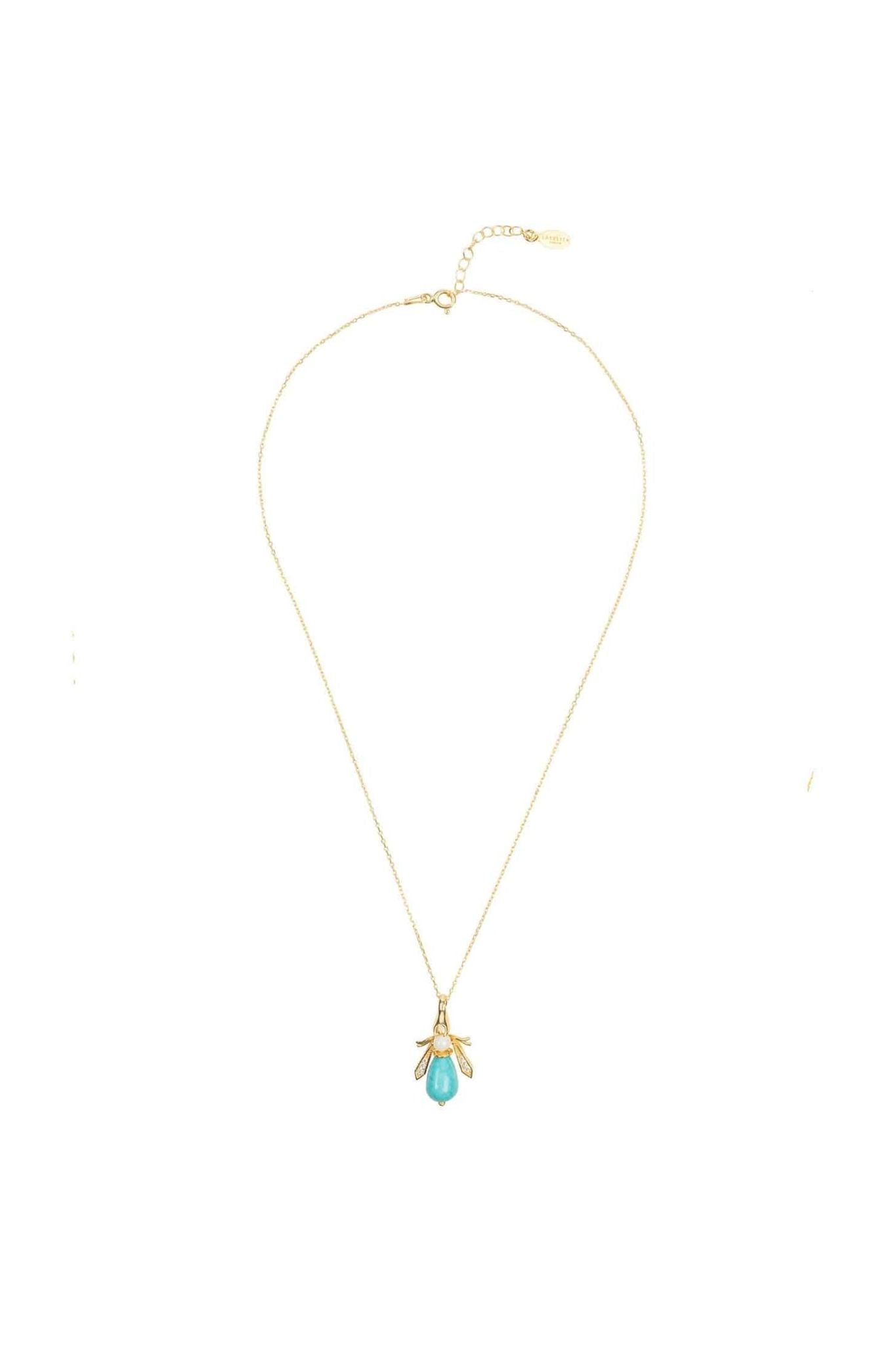 Turquoise & Pearl Gemstone Bee Pendant Necklace Gold - LATELITA Necklaces