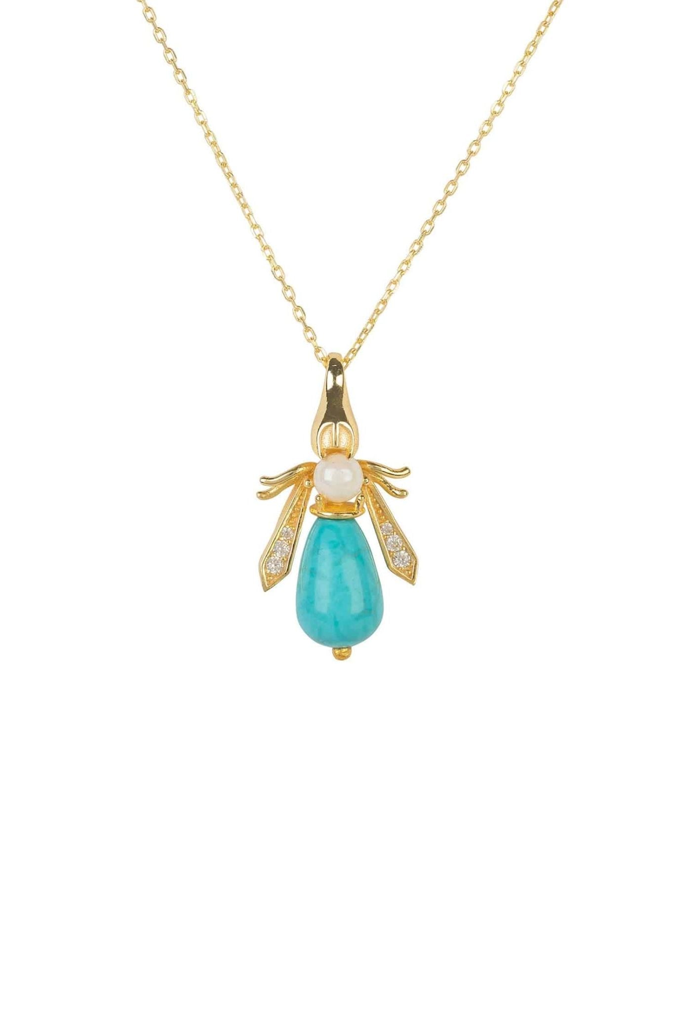 Turquoise & Pearl Gemstone Bee Pendant Necklace Gold - LATELITA Necklaces