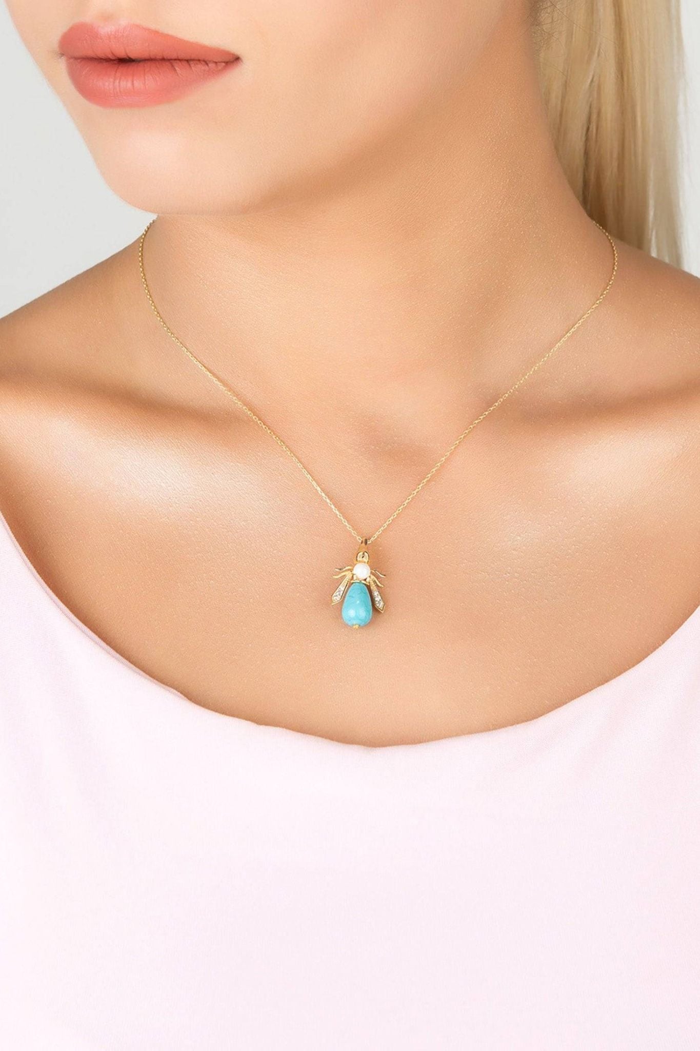 Turquoise & Pearl Gemstone Bee Pendant Necklace Gold - LATELITA Necklaces