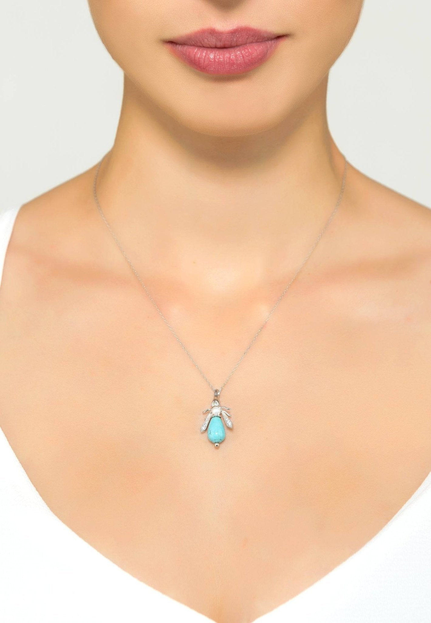 Turquoise & Pearl Honey Bee Necklace Silver - LATELITA Necklaces